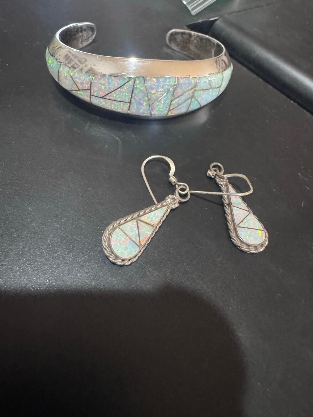 Sterling Silver Opal Inlay Cuff Bracelet & Matching Sterling Opal Earrings